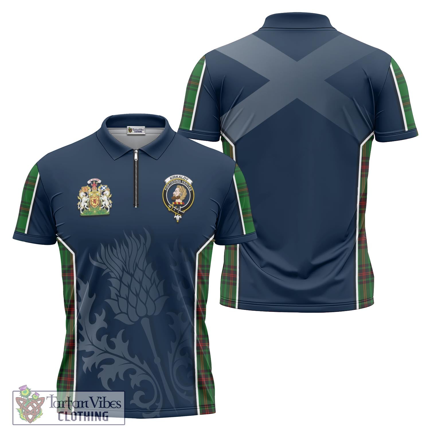 Tartan Vibes Clothing Kirkaldy Tartan Zipper Polo Shirt with Family Crest and Scottish Thistle Vibes Sport Style