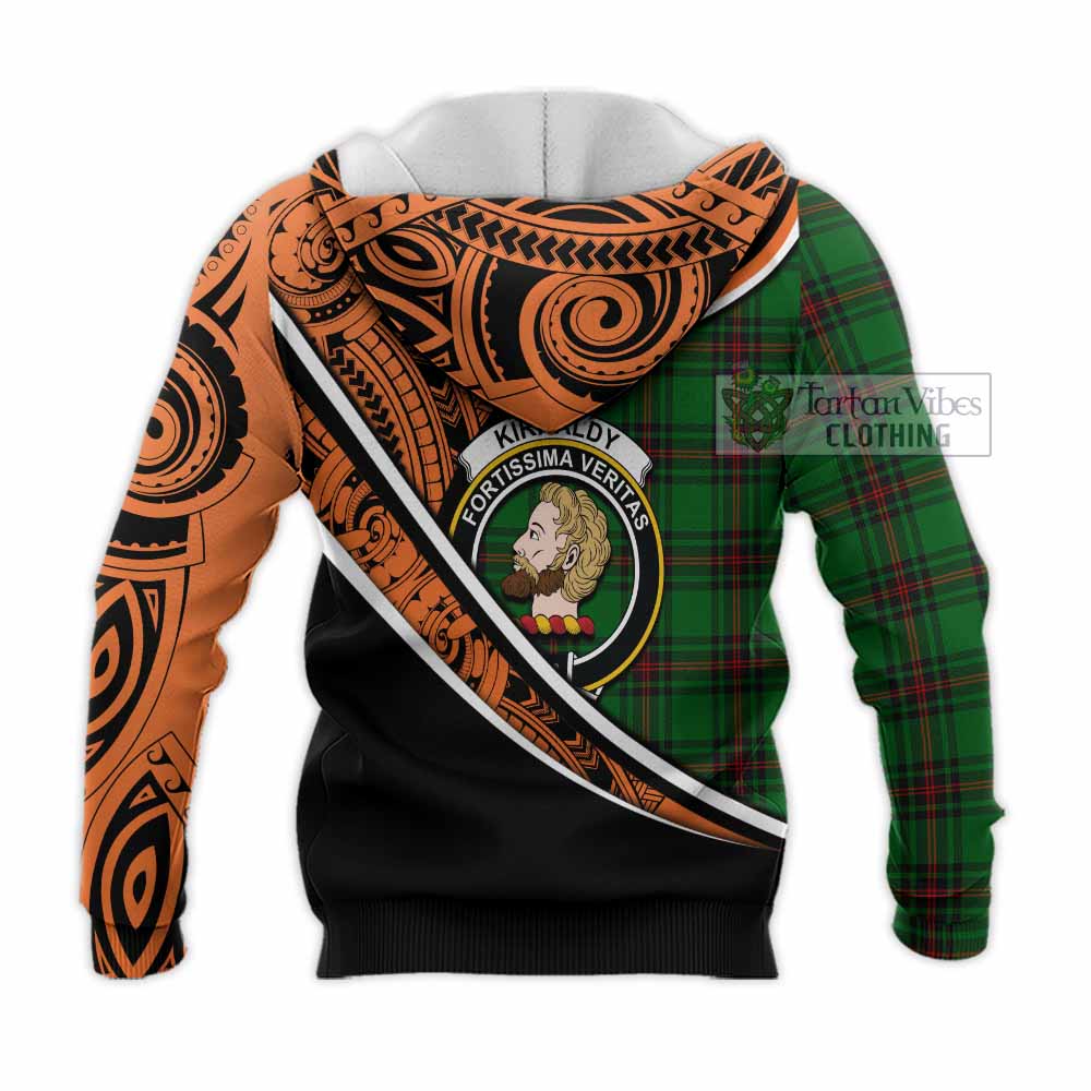 Tartan Vibes Clothing Kirkaldy Crest Tartan Knitted Hoodie with Maori Tattoo Style - Orange Version