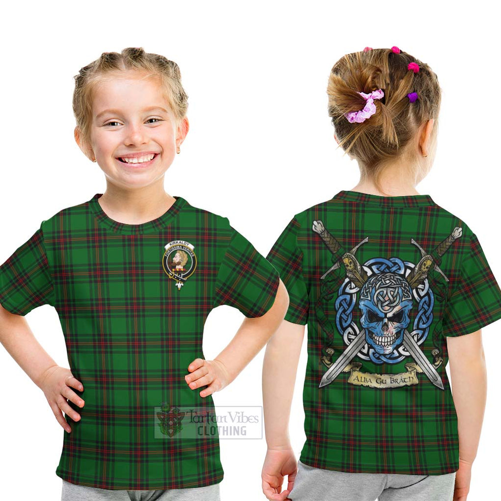 Tartan Vibes Clothing Kirkaldy Tartan Kid T-Shirt with Family Crest Celtic Skull Style