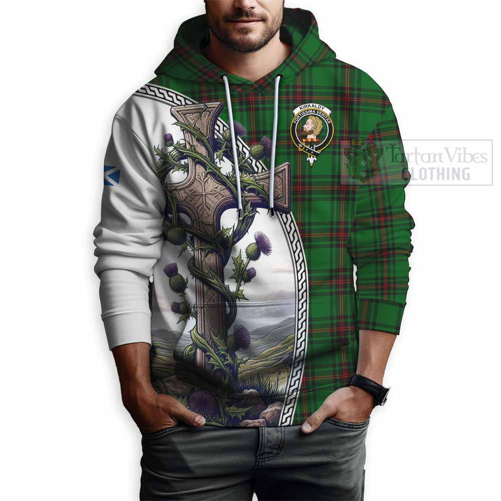 Tartan Vibes Clothing Kirkaldy Tartan Hoodie with Family Crest and St. Andrew's Cross Accented by Thistle Vines