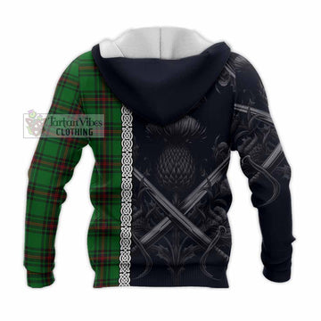 Kirkaldy Tartan Knitted Hoodie with Family Crest Cross Sword Thistle Celtic Vibes