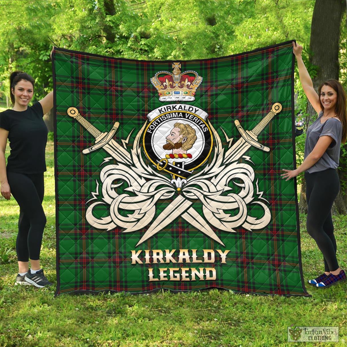 Tartan Vibes Clothing Kirkaldy Tartan Quilt with Clan Crest and the Golden Sword of Courageous Legacy