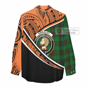 Kirkaldy Crest Tartan Women's Casual Shirt with Polynesian Vibes Style - Orange Version