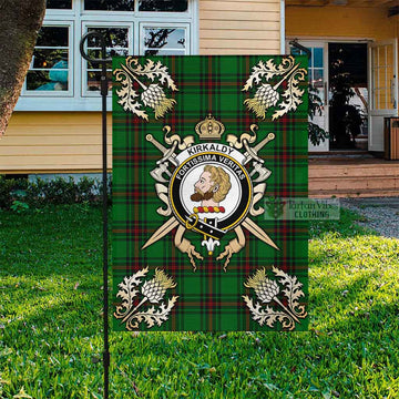 Kirkaldy Tartan Flag with Family Crest and Golden Thistle Crossed Sword Design