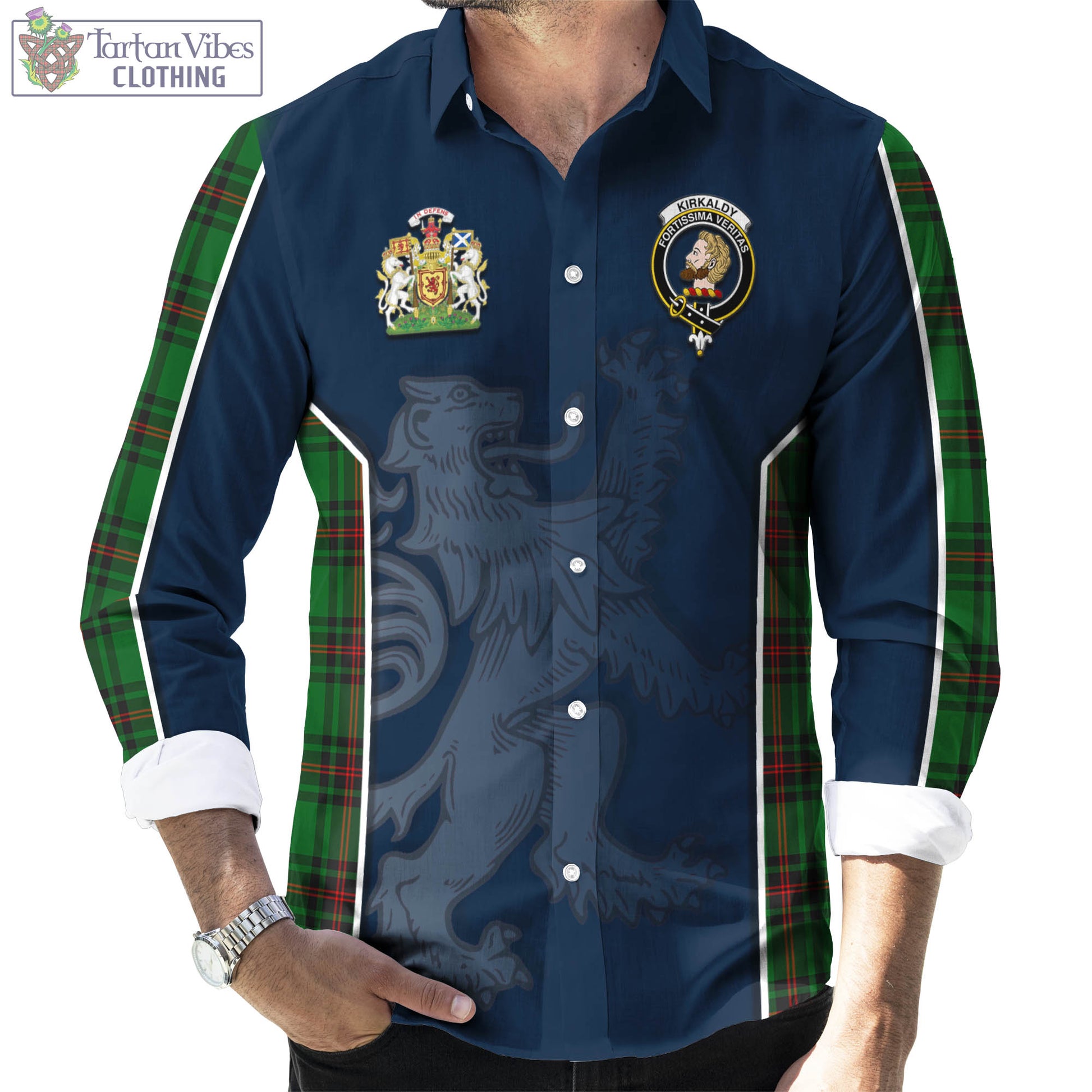 Tartan Vibes Clothing Kirkaldy Tartan Long Sleeve Button Up Shirt with Family Crest and Lion Rampant Vibes Sport Style