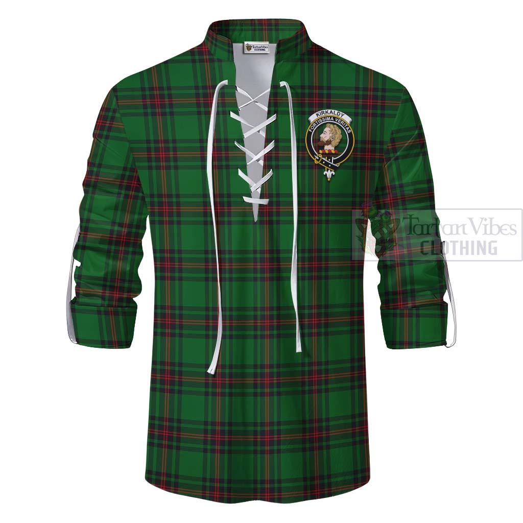 Tartan Vibes Clothing Kirkaldy Tartan Ghillie Kilt Shirt with Family Crest and Bearded Skull Holding Bottles of Whiskey