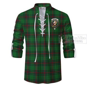 Kirkaldy Tartan Ghillie Kilt Shirt with Family Crest and Bearded Skull Holding Bottles of Whiskey