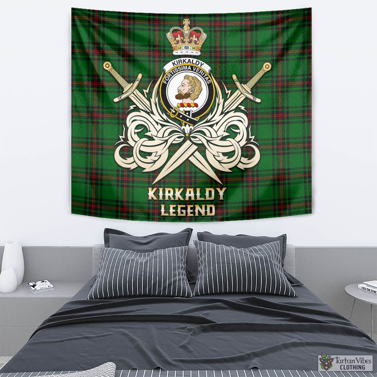 Tartan Vibes Clothing Kirkaldy Tartan Tapestry with Clan Crest and the Golden Sword of Courageous Legacy