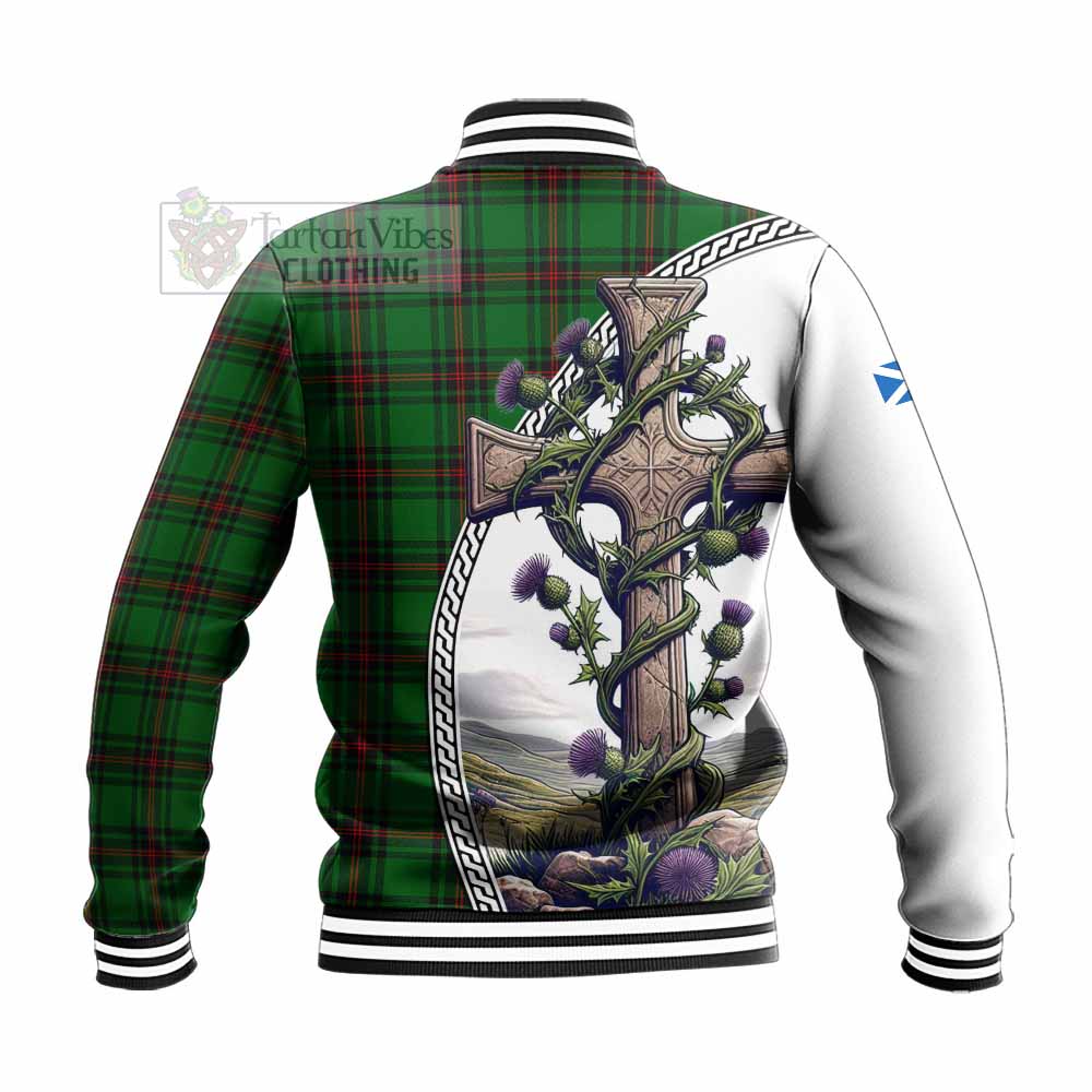 Kirkaldy Tartan Baseball Jacket with Family Crest and St. Andrew's Cross Accented by Thistle Vines - Tartan Vibes Clothing
