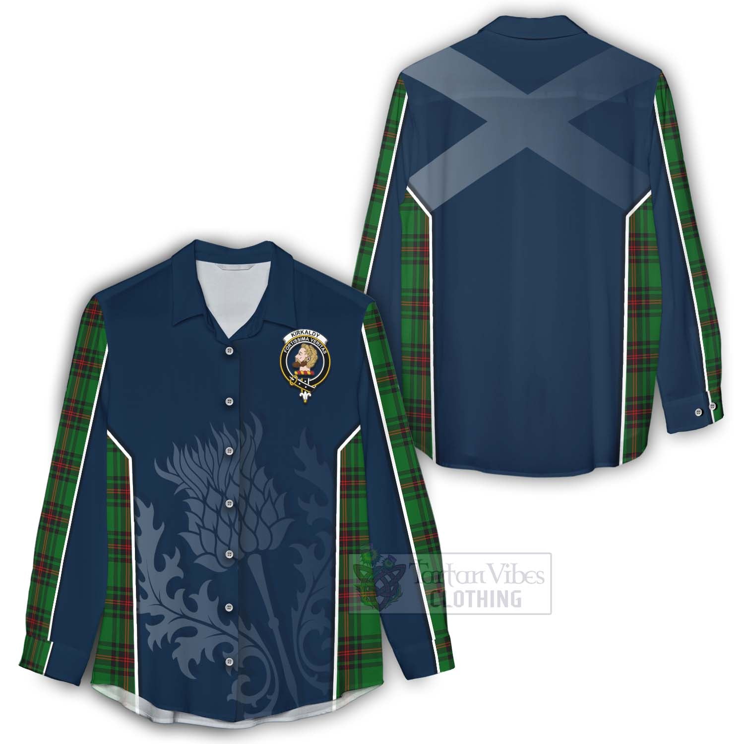 Tartan Vibes Clothing Kirkaldy Tartan Women's Casual Shirt with Family Crest and Scottish Thistle Vibes Sport Style