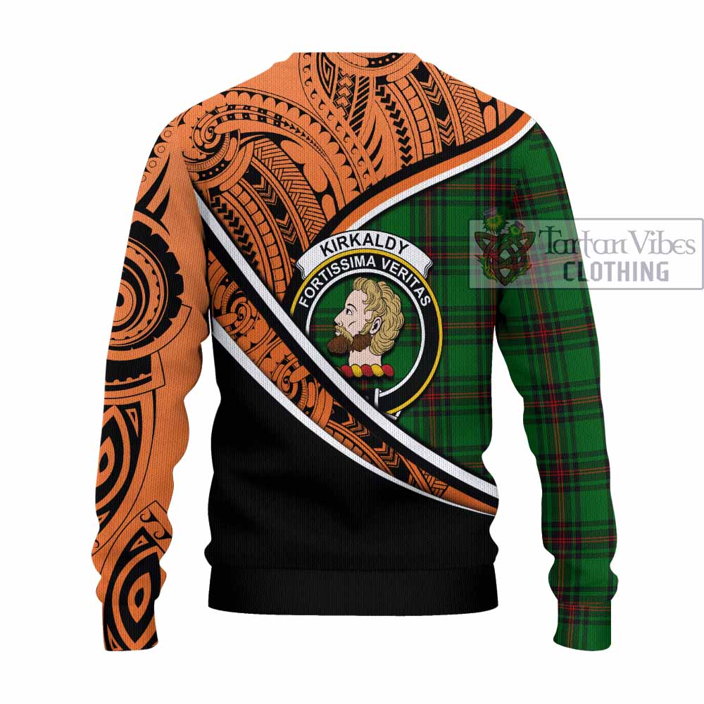 Tartan Vibes Clothing Kirkaldy Crest Tartan Knitted Sweater with Maori Tattoo Style - Orange Version