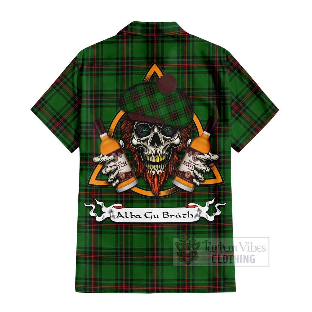 Tartan Vibes Clothing Kirkaldy Tartan Short Sleeve Button Shirt with Family Crest and Bearded Skull Holding Bottles of Whiskey