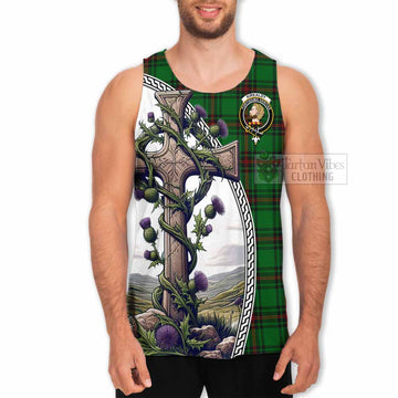 Kirkaldy Tartan Men's Tank Top with Family Crest and St. Andrew's Cross Accented by Thistle Vines - Tartan Vibes Clothing