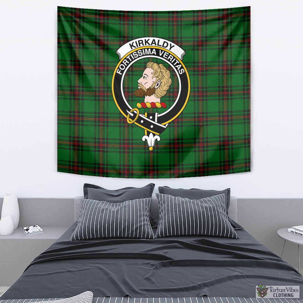 Tartan Vibes Clothing Kirkaldy Tartan Tapestry Wall Hanging and Home Decor for Room with Family Crest