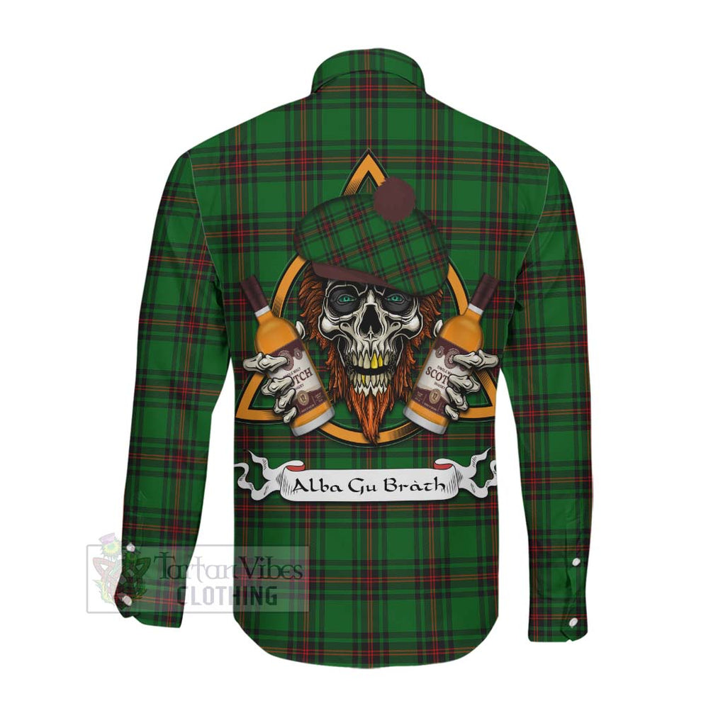 Tartan Vibes Clothing Kirkaldy Tartan Long Sleeve Button Shirt with Family Crest and Bearded Skull Holding Bottles of Whiskey