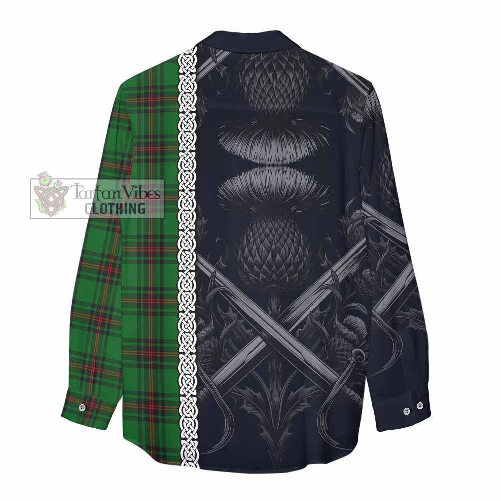 Tartan Vibes Clothing Kirkaldy Tartan Women's Casual Shirt with Family Crest Cross Sword Thistle Celtic Vibes