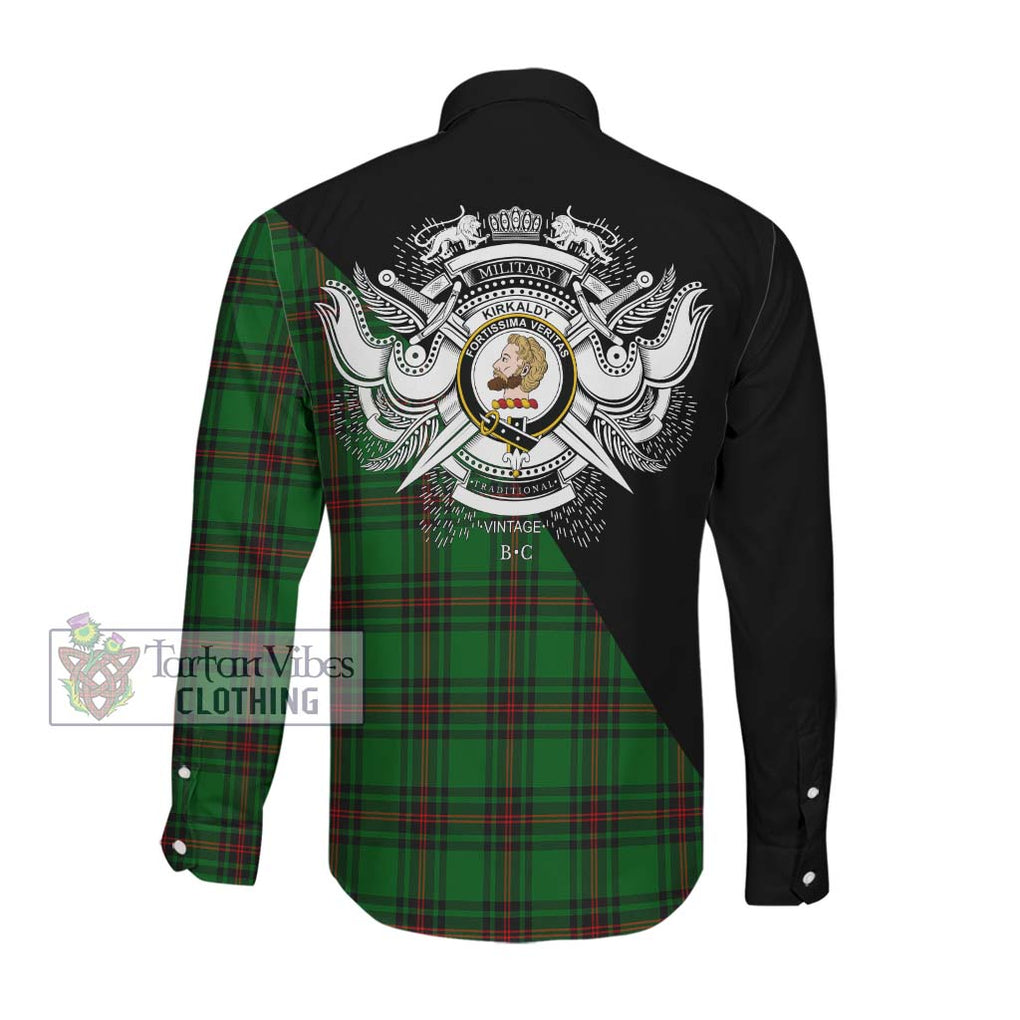 Kirkaldy Tartan Long Sleeve Button Shirt with Family Crest and Military Logo Style Men's Shirt - Tartanvibesclothing Shop