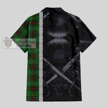 Kirkaldy Tartan Short Sleeve Button Shirt with Family Crest Cross Sword Thistle Celtic Vibes