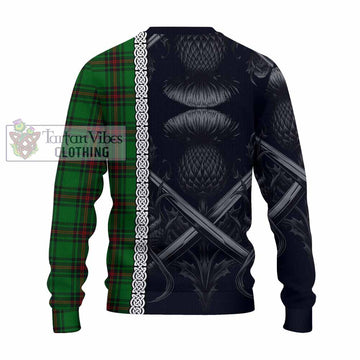 Kirkaldy Tartan Knitted Sweater with Family Crest Cross Sword Thistle Celtic Vibes