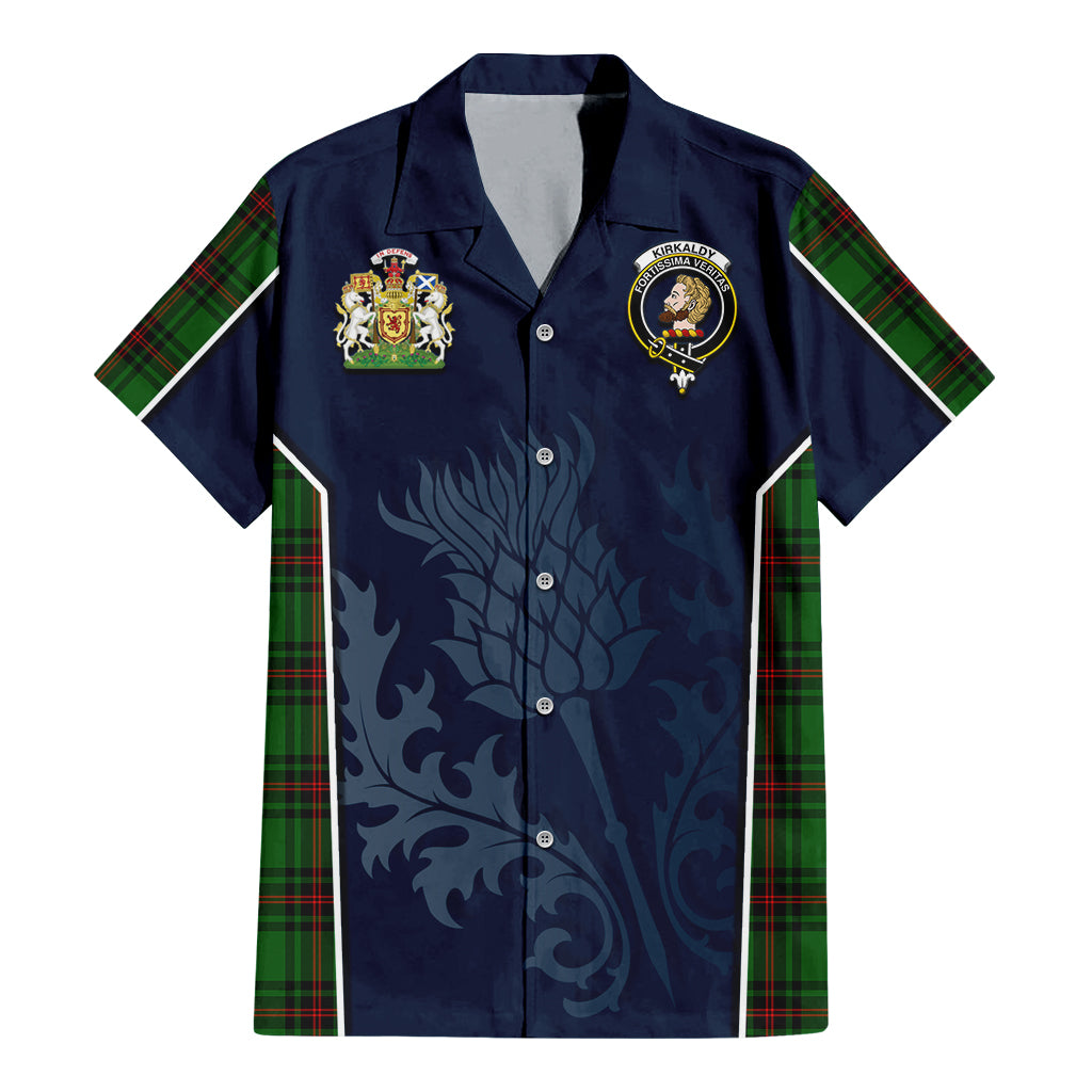 Tartan Vibes Clothing Kirkaldy Tartan Short Sleeve Button Up Shirt with Family Crest and Scottish Thistle Vibes Sport Style