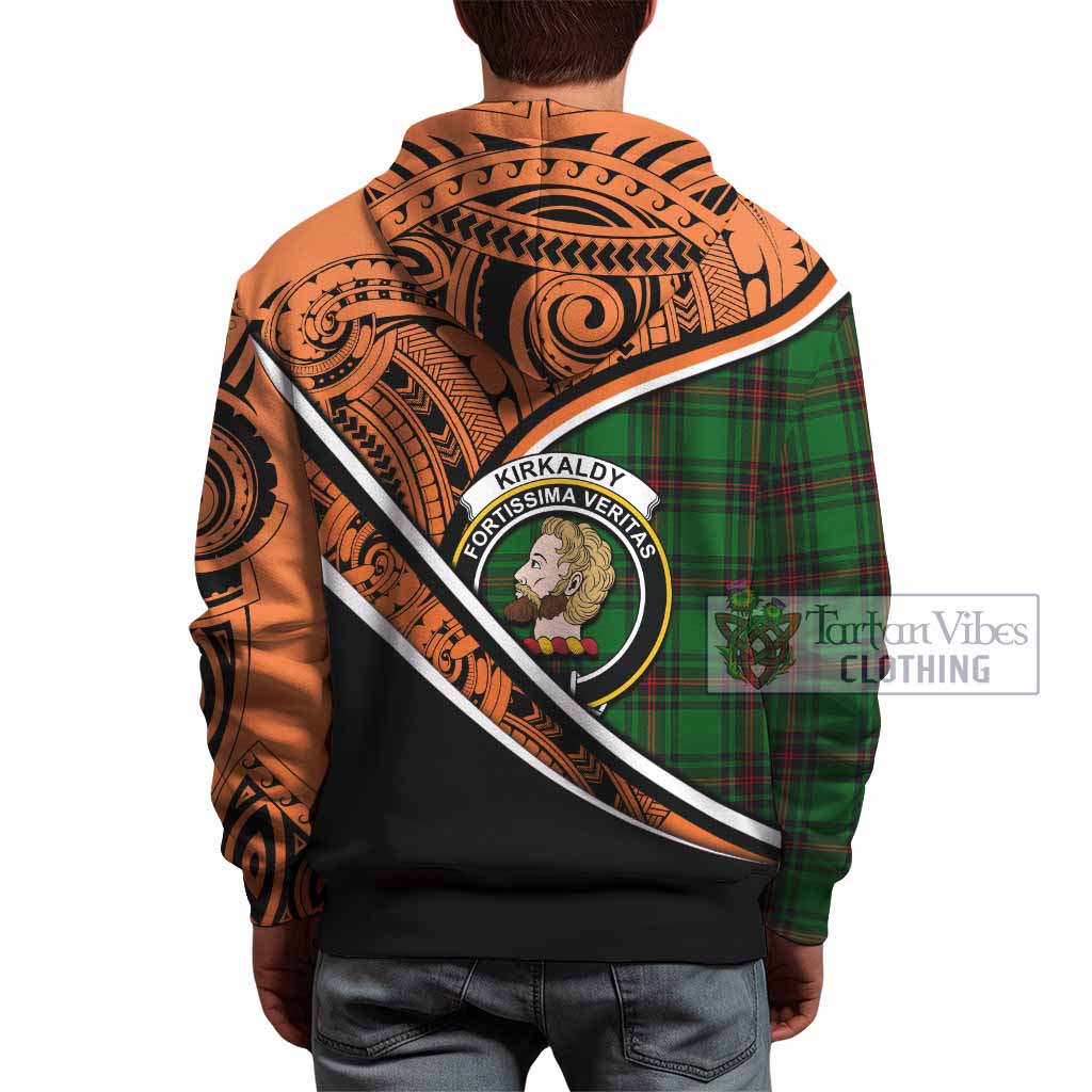 Tartan Vibes Clothing Kirkaldy Crest Tartan Hoodie with Maori Tattoo Style - Orange Version