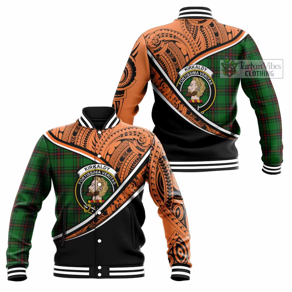 Tartan Vibes Clothing Kirkaldy Crest Tartan Baseball Jacket with Maori Tattoo Style - Orange Version