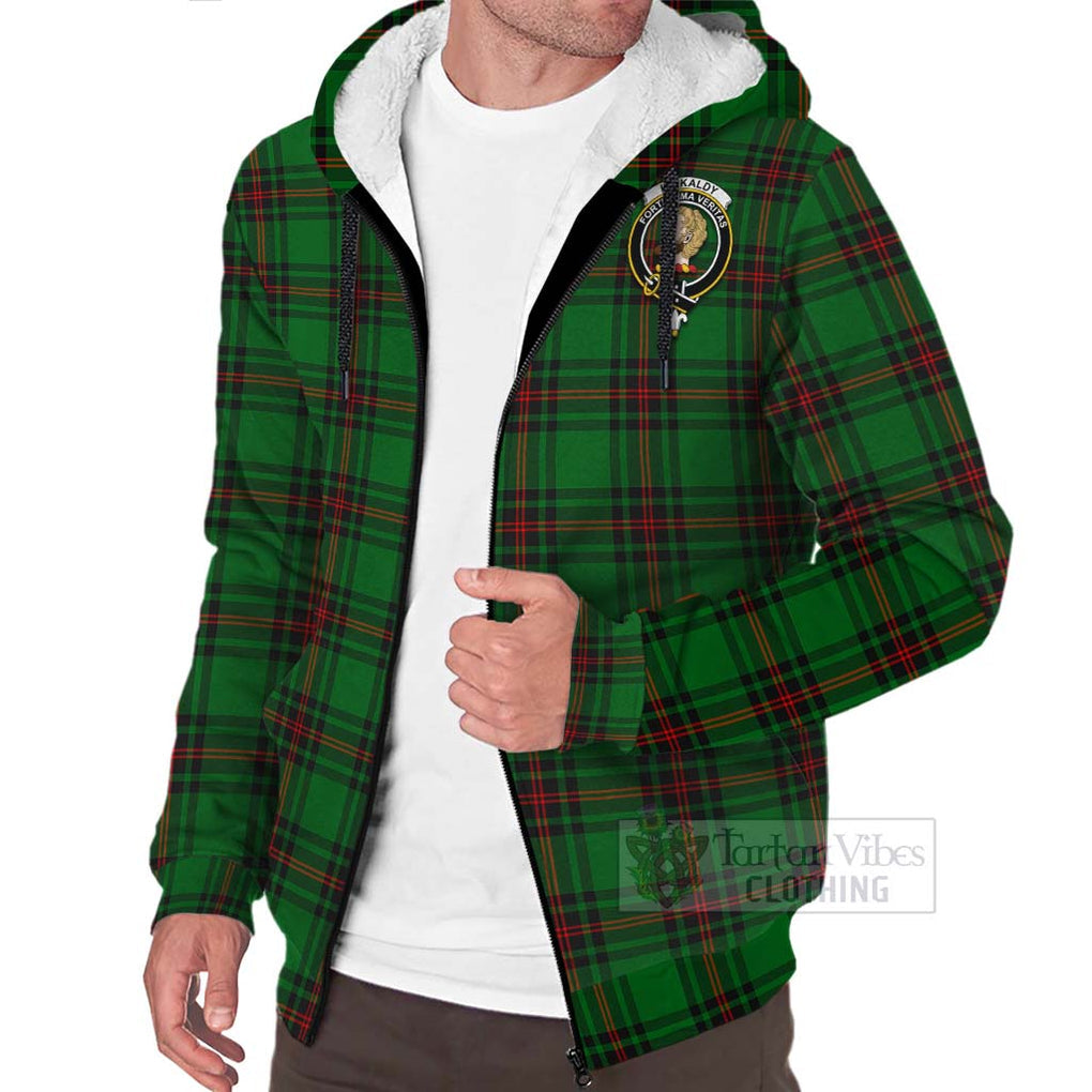 Tartan Vibes Clothing Kirkaldy Tartan Sherpa Hoodie with Family Crest and Bearded Skull Holding Bottles of Whiskey