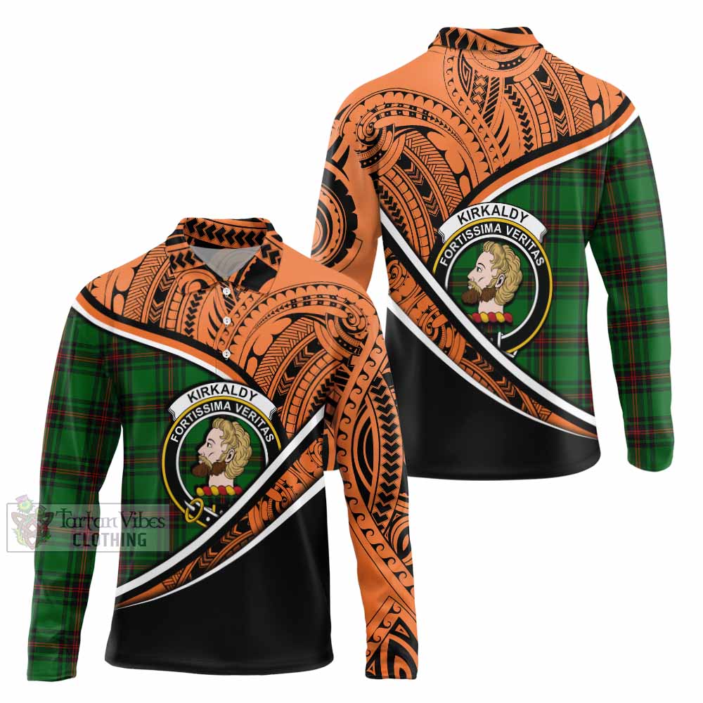 Tartan Vibes Clothing Kirkaldy Crest Tartan Long Sleeve Polo Shirt with Maori Tattoo Style - Orange Version