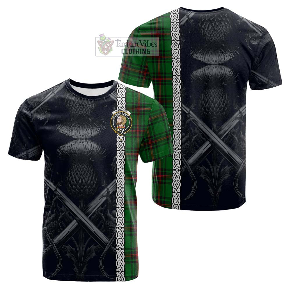 Tartan Vibes Clothing Kirkaldy Tartan Cotton T-shirt with Family Crest Cross Sword Thistle Celtic Vibes