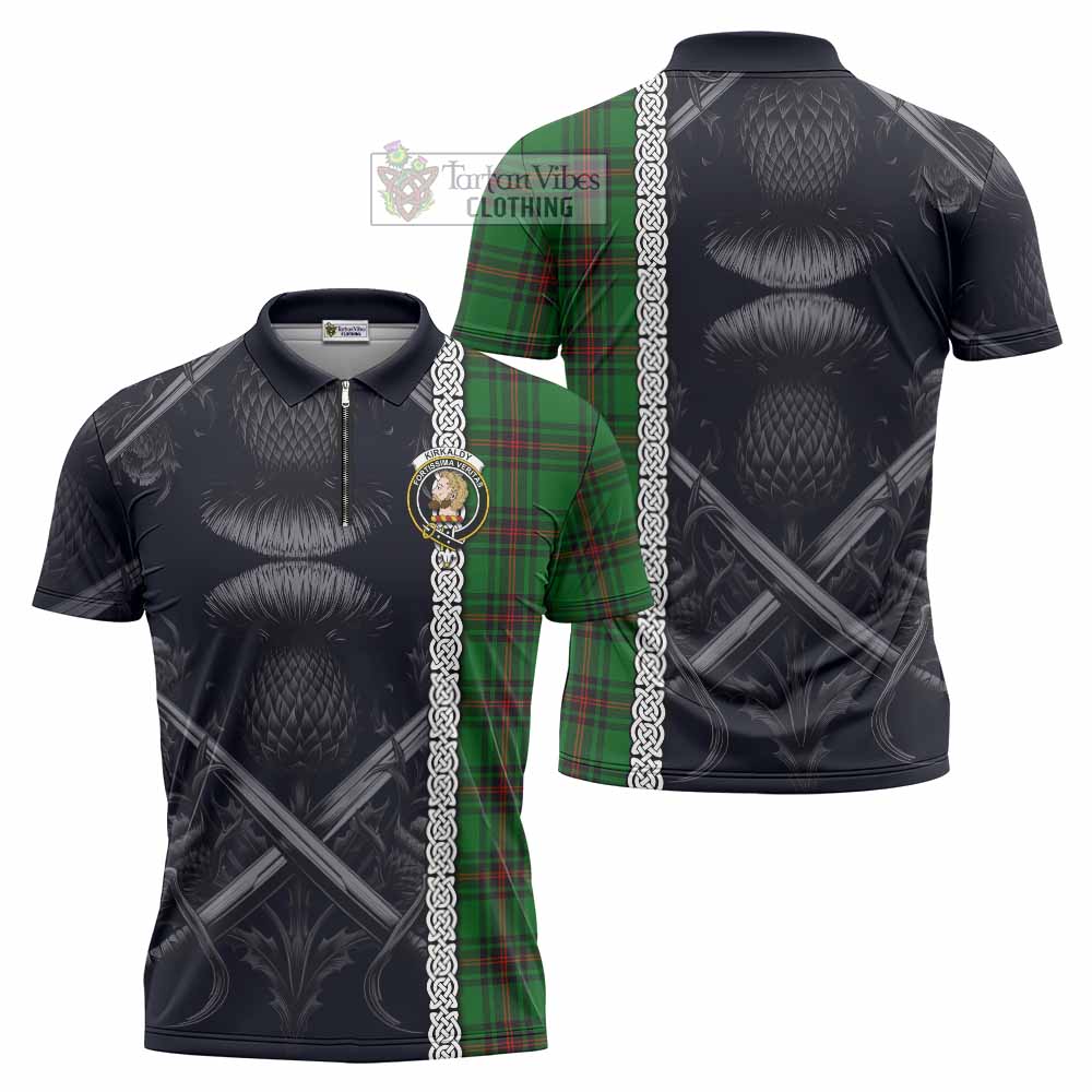 Tartan Vibes Clothing Kirkaldy Tartan Zipper Polo Shirt with Family Crest Cross Sword Thistle Celtic Vibes