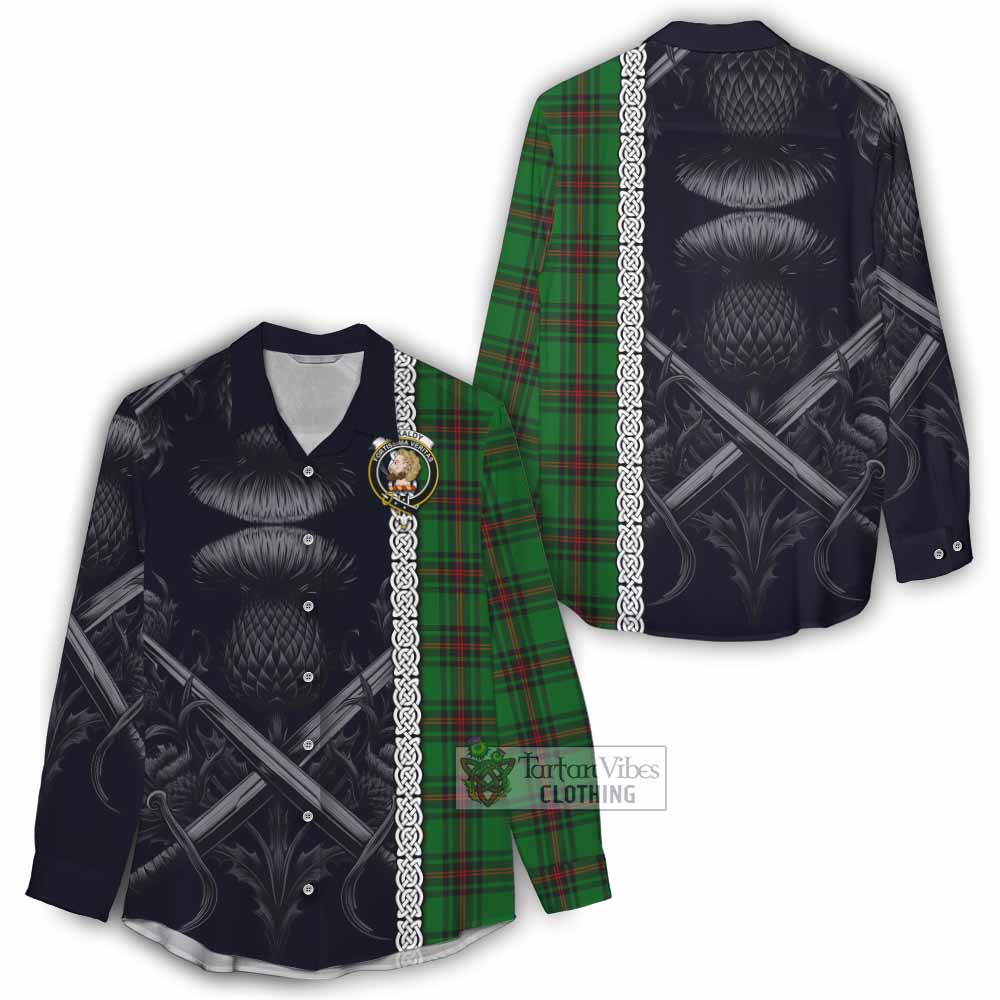 Tartan Vibes Clothing Kirkaldy Tartan Women's Casual Shirt with Family Crest Cross Sword Thistle Celtic Vibes