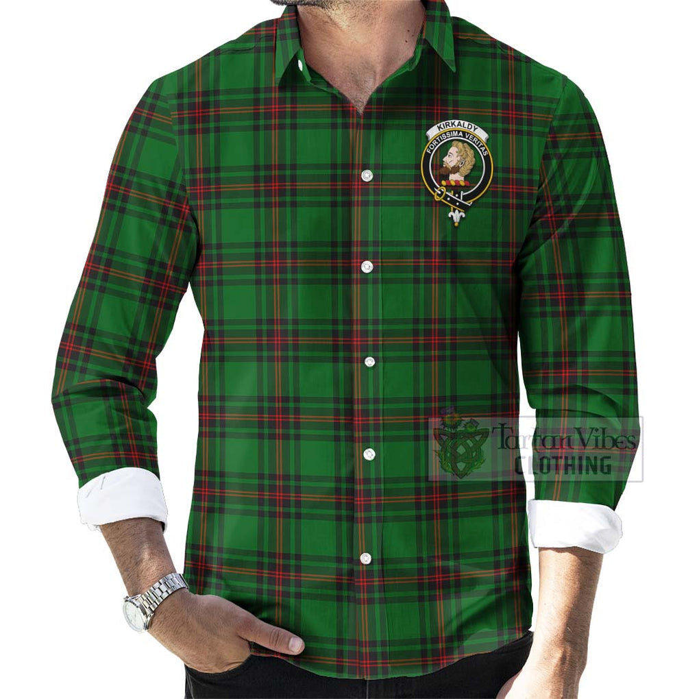 Tartan Vibes Clothing Kirkaldy Tartan Long Sleeve Button Shirt with Family Crest and Bearded Skull Holding Bottles of Whiskey