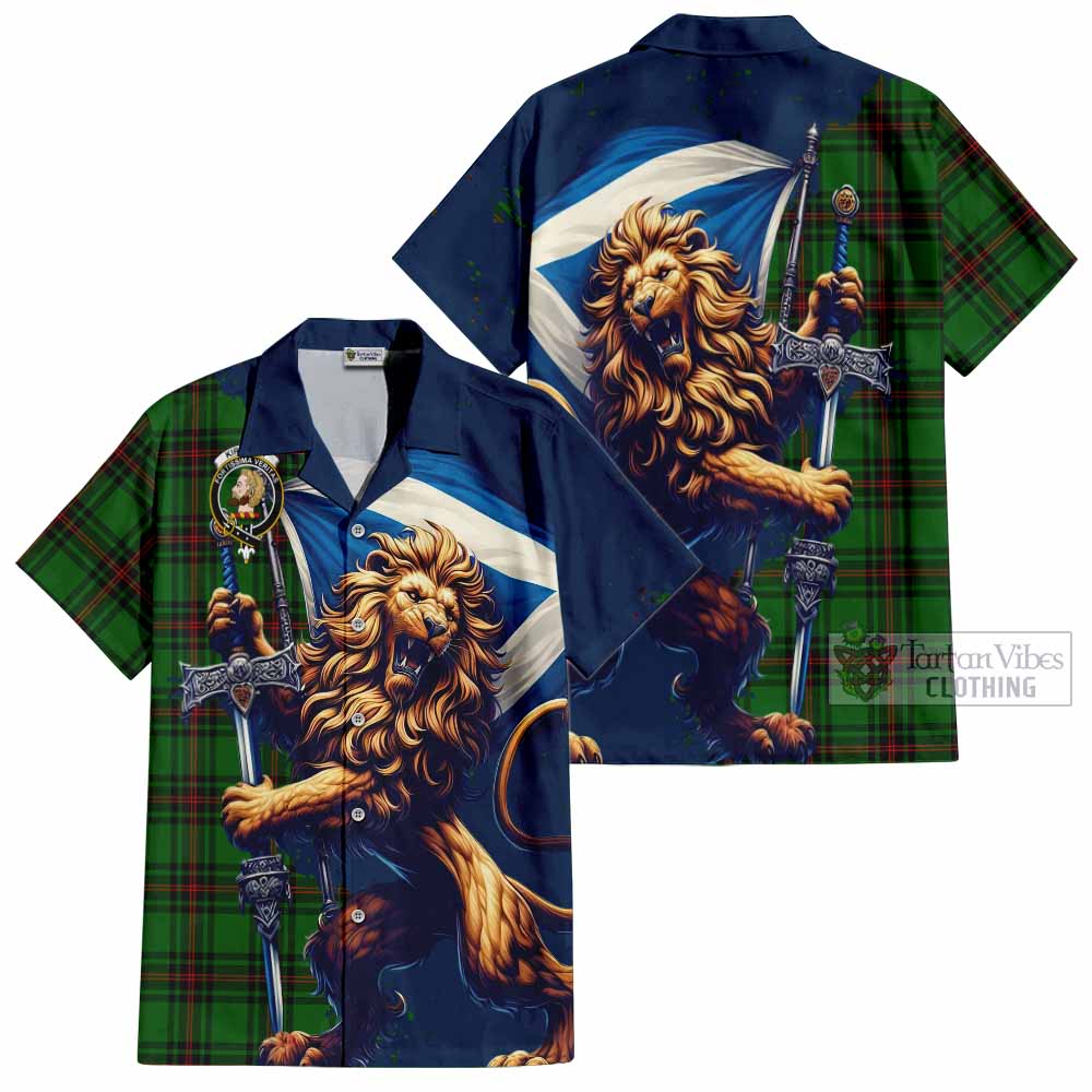 Tartan Vibes Clothing Kirkaldy Tartan Family Crest Short Sleeve Button Shirt with Scottish Majestic Lion