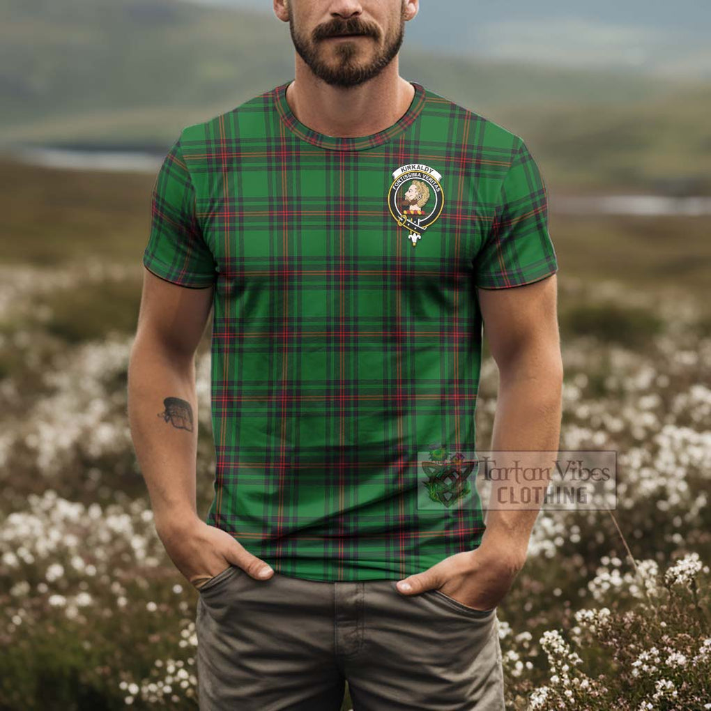 Tartan Vibes Clothing Kirkaldy Tartan T-Shirt with Family Crest and Bearded Skull Holding Bottles of Whiskey