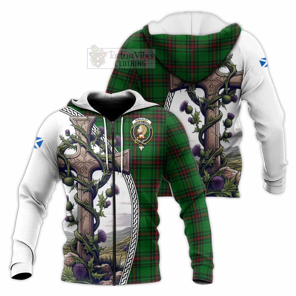 Tartan Vibes Clothing Kirkaldy Tartan Knitted Hoodie with Family Crest and St. Andrew's Cross Accented by Thistle Vines