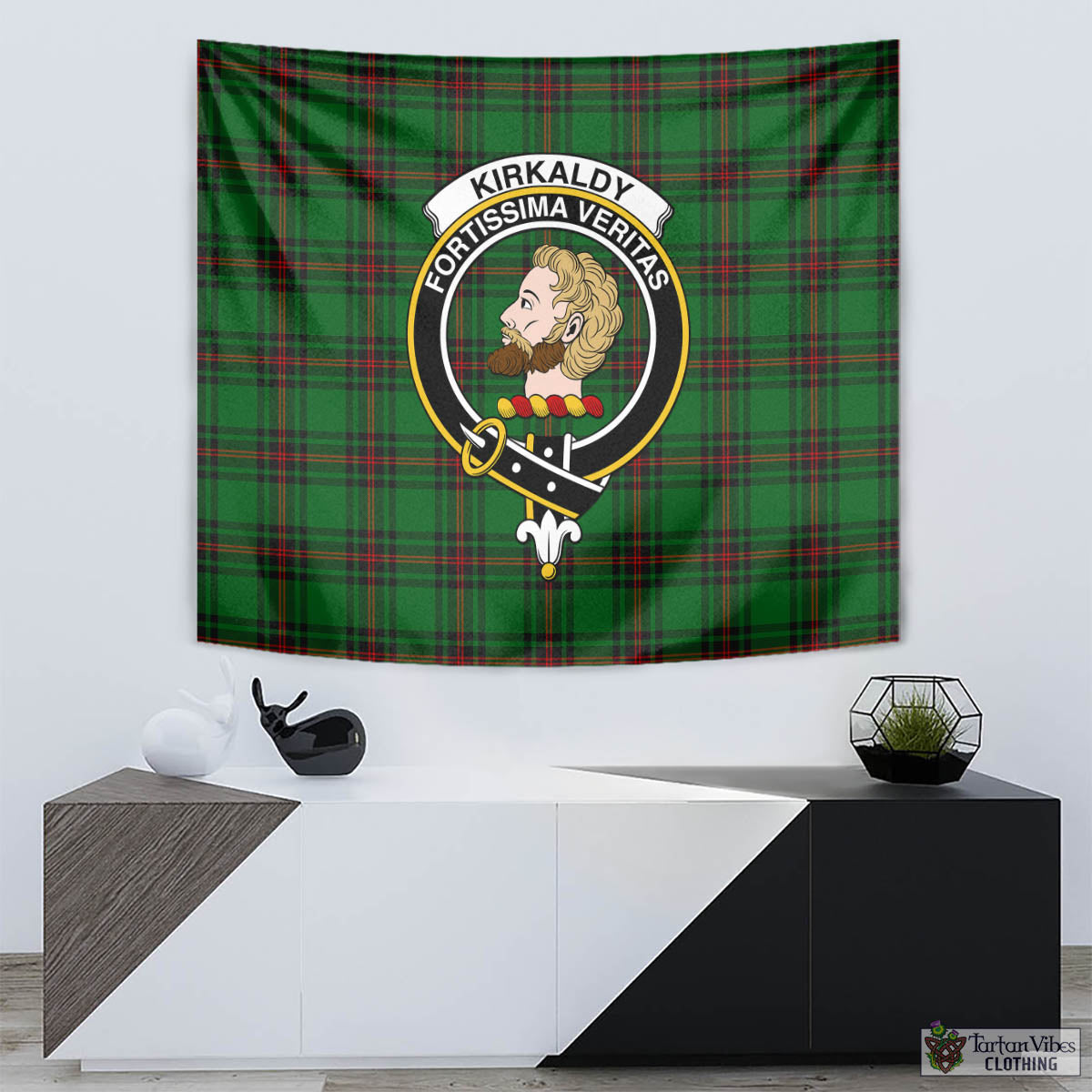 Tartan Vibes Clothing Kirkaldy Tartan Tapestry Wall Hanging and Home Decor for Room with Family Crest