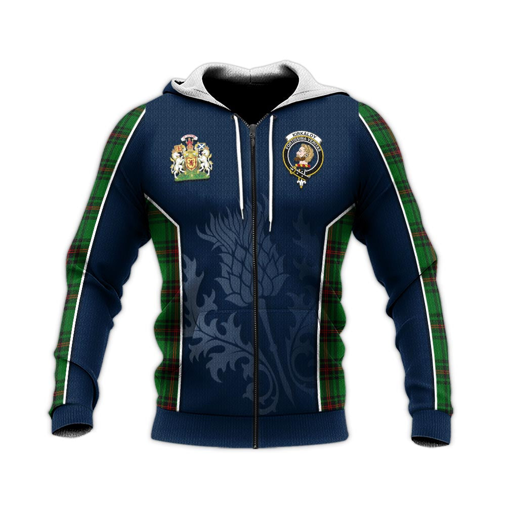 Tartan Vibes Clothing Kirkaldy Tartan Knitted Hoodie with Family Crest and Scottish Thistle Vibes Sport Style