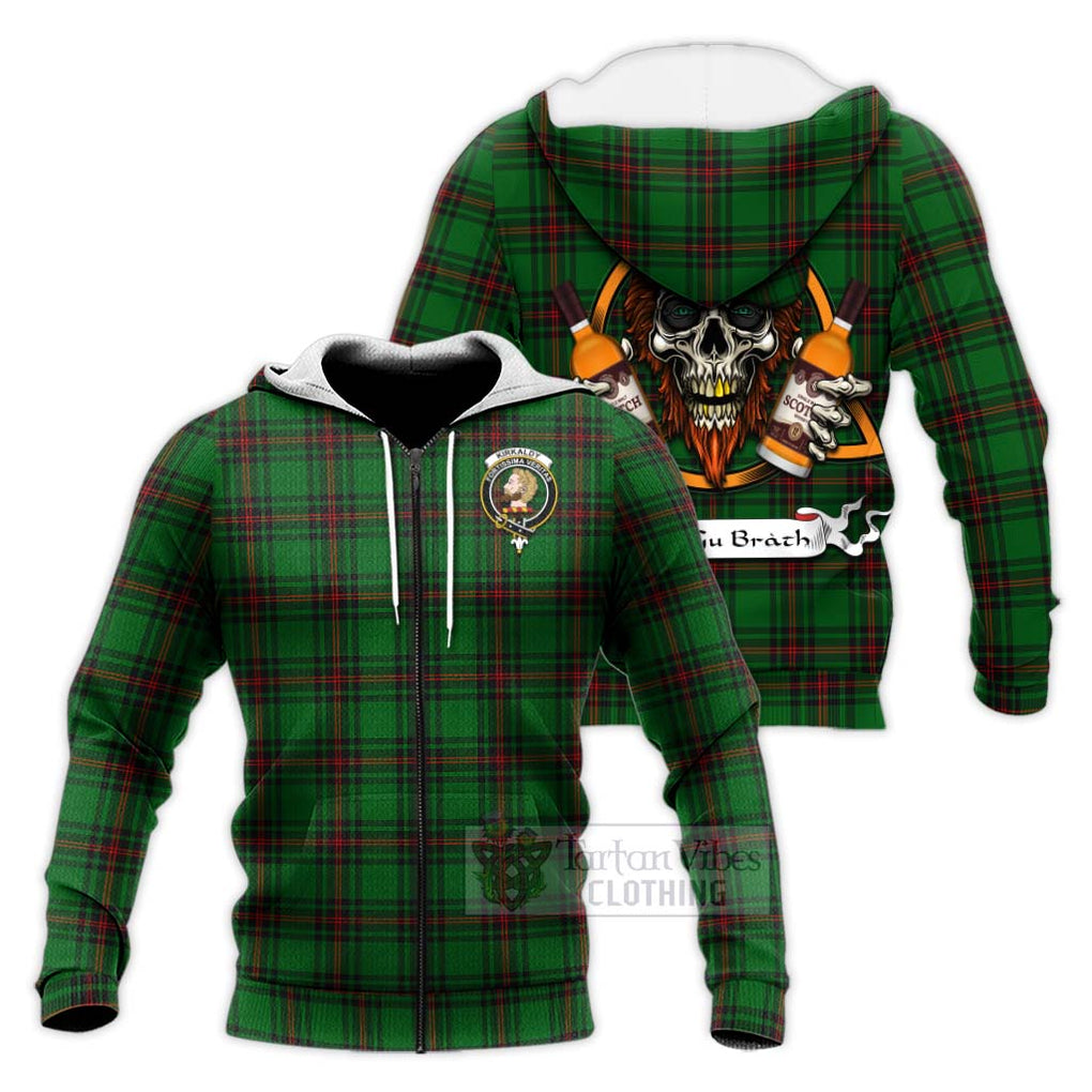 Tartan Vibes Clothing Kirkaldy Tartan Knitted Hoodie with Family Crest and Bearded Skull Holding Bottles of Whiskey