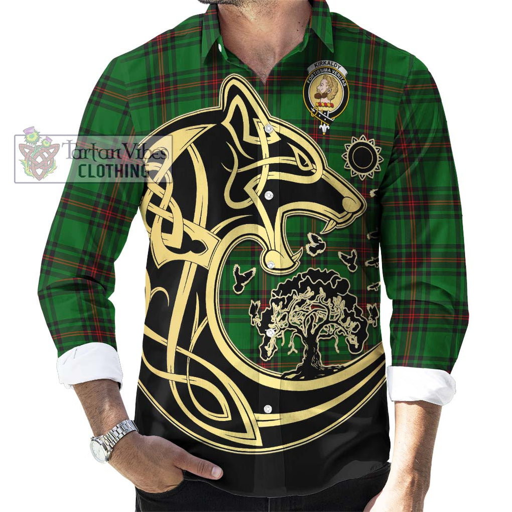 Kirkaldy Tartan Long Sleeve Button Shirt with Family Crest Celtic Wolf Style - Tartan Vibes Clothing