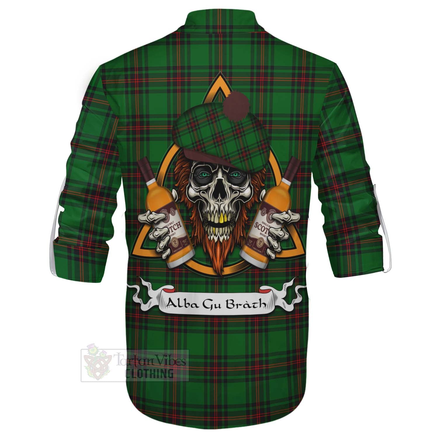 Tartan Vibes Clothing Kirkaldy Tartan Ghillie Kilt Shirt with Family Crest and Bearded Skull Holding Bottles of Whiskey