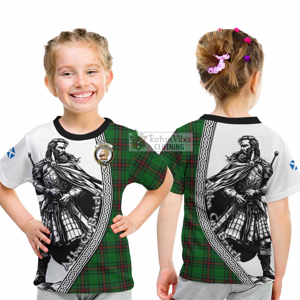 Kirkaldy Tartan Clan Crest Kid T-Shirt with Highlander Warrior Celtic Style