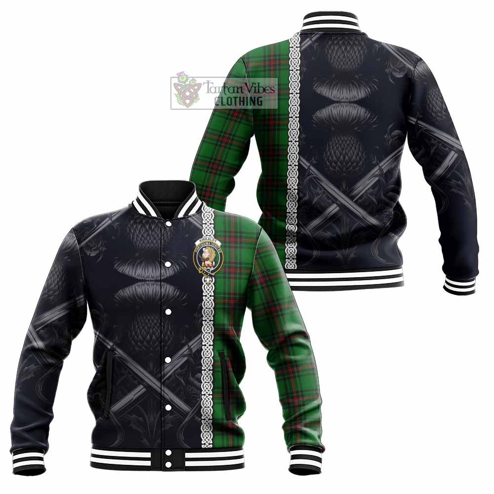 Tartan Vibes Clothing Kirkaldy Tartan Baseball Jacket with Family Crest Cross Sword Thistle Celtic Vibes