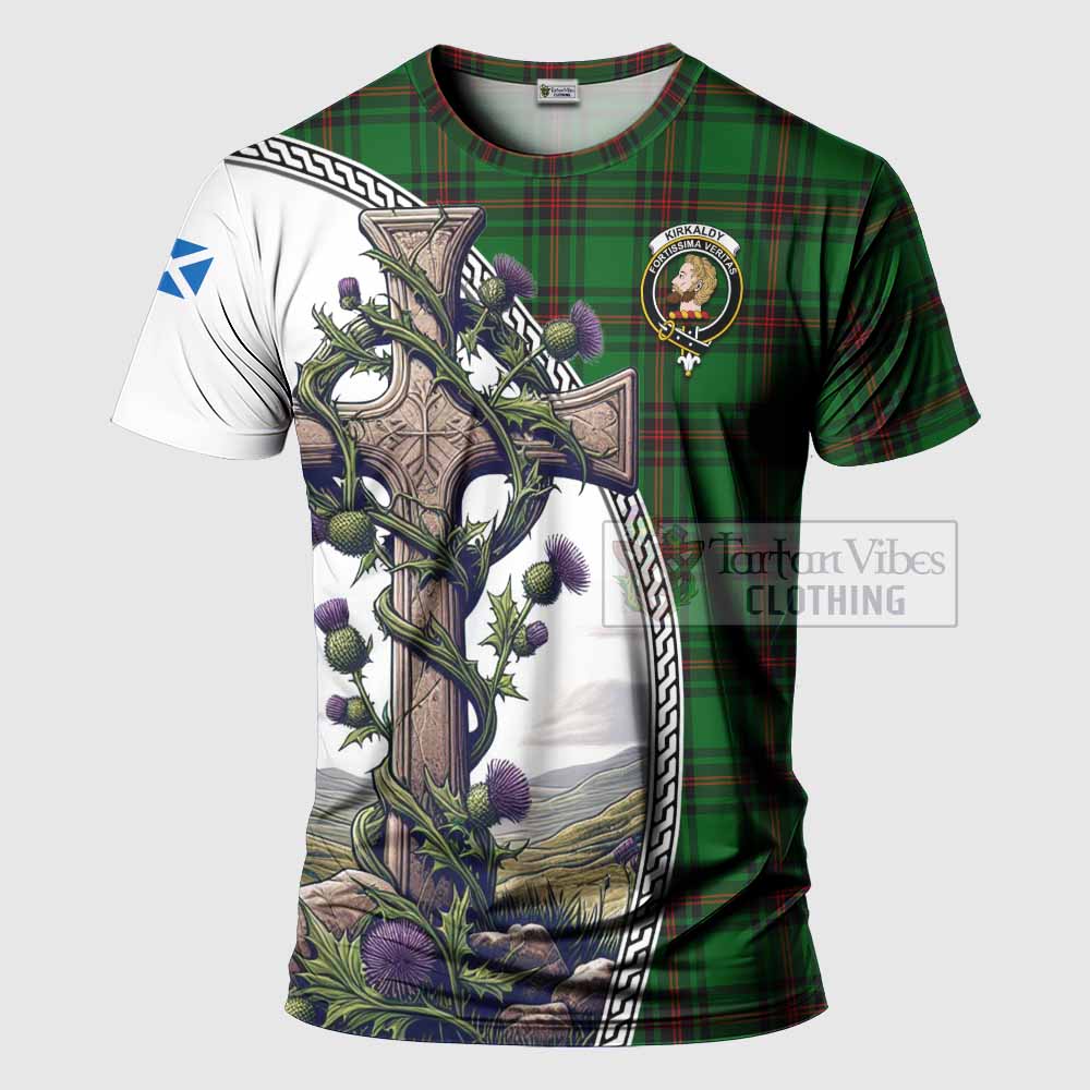 Tartan Vibes Clothing Kirkaldy Agnew Tartan T-Shirt with Family Crest and St. Andrew's Cross Accented by Thistle Vines