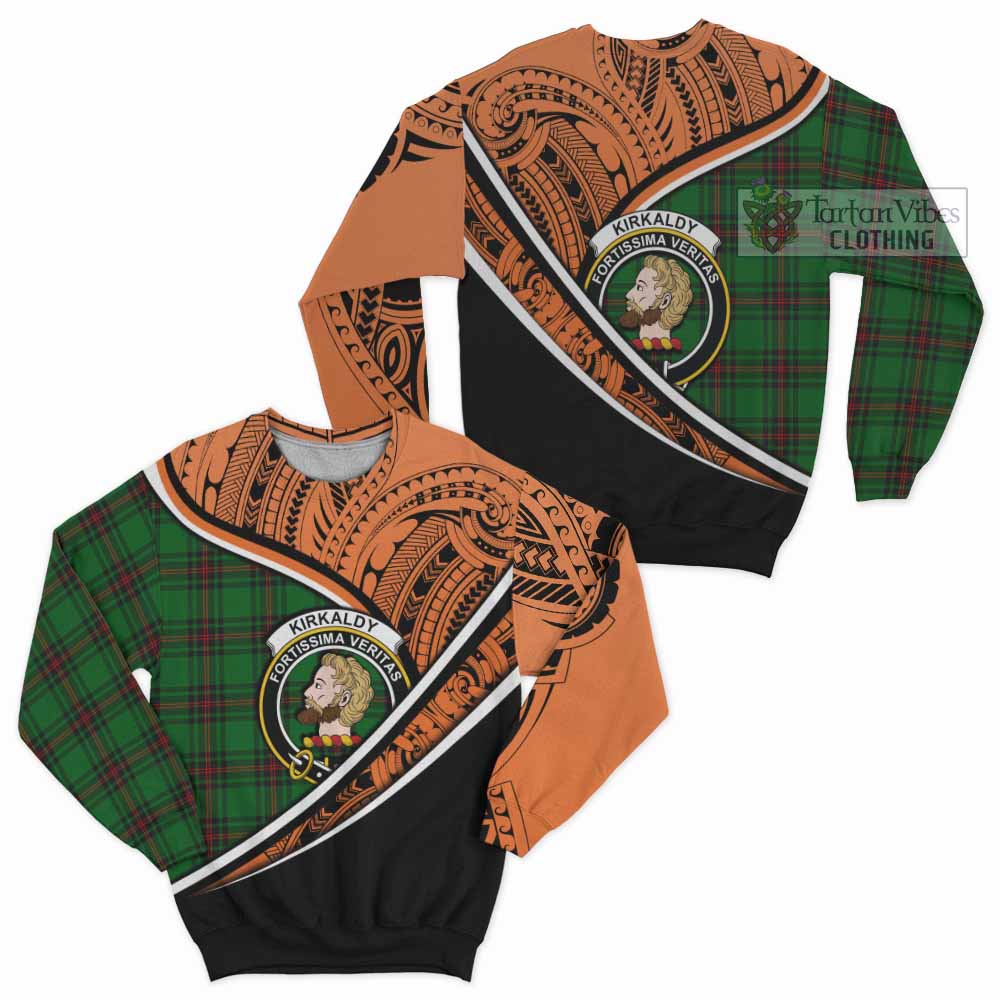 Tartan Vibes Clothing Kirkaldy Crest Tartan Sweatshirt with Maori Tattoo Style - Orange Version