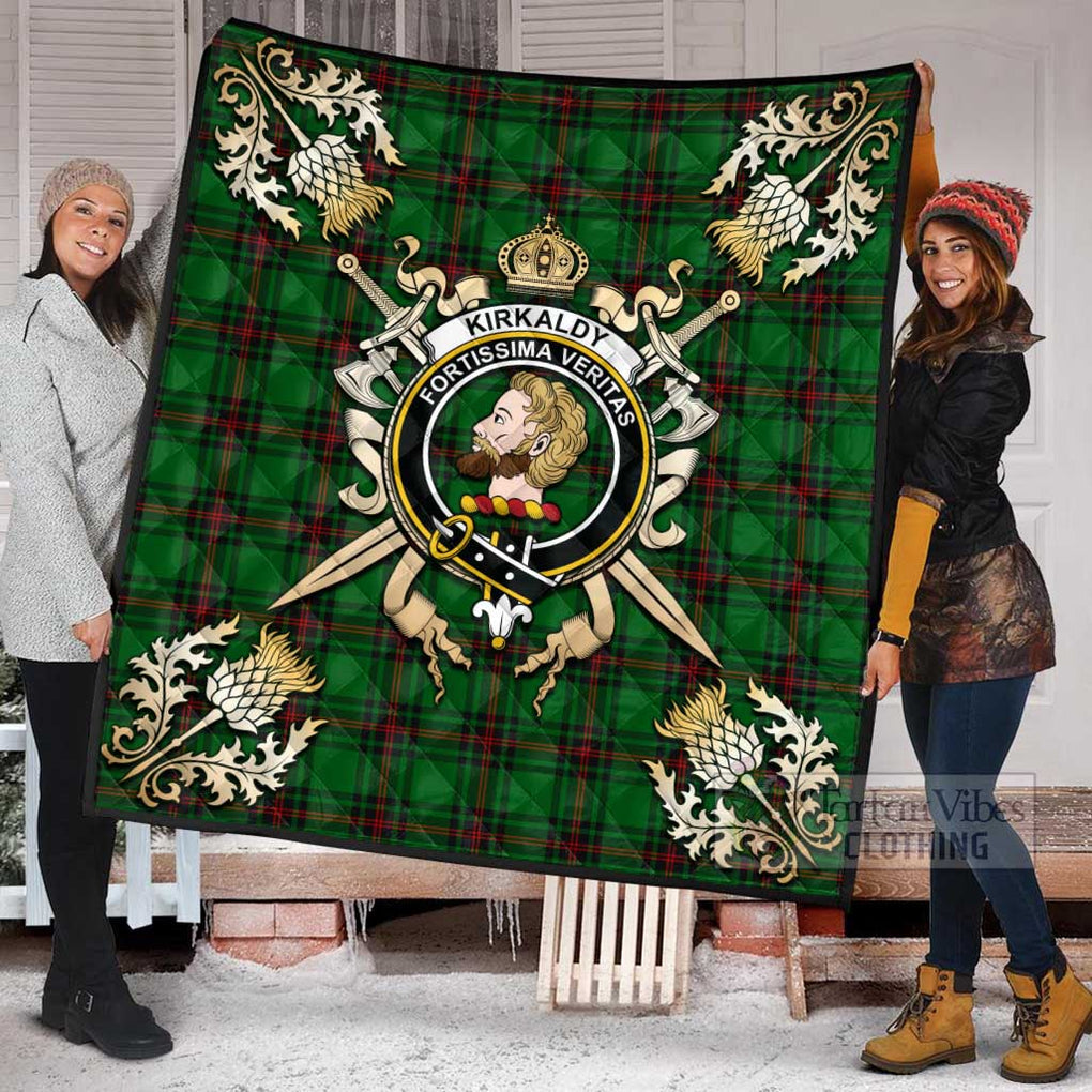 Tartan Vibes Clothing Kirkaldy Tartan Quilt with Family Crest and Scottish Golden Courage Shield