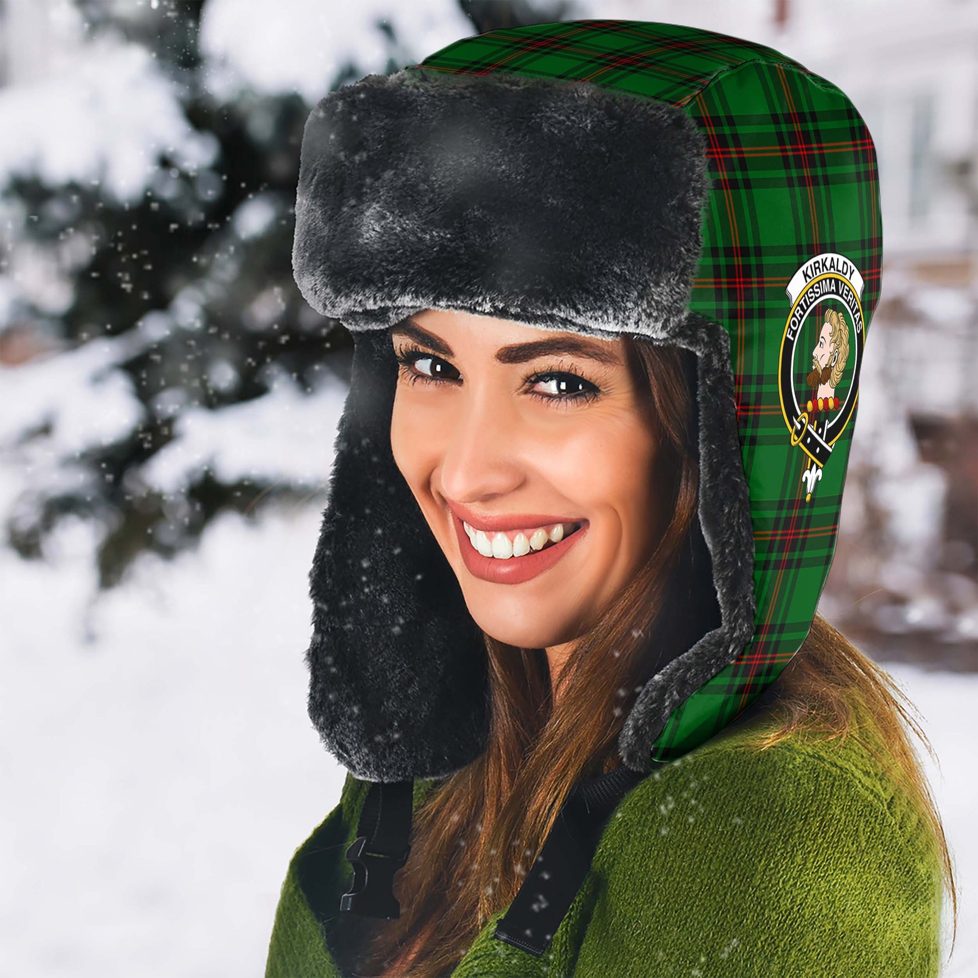 Kirkaldy Tartan Winter Trapper Hat with Family Crest - Tartanvibesclothing