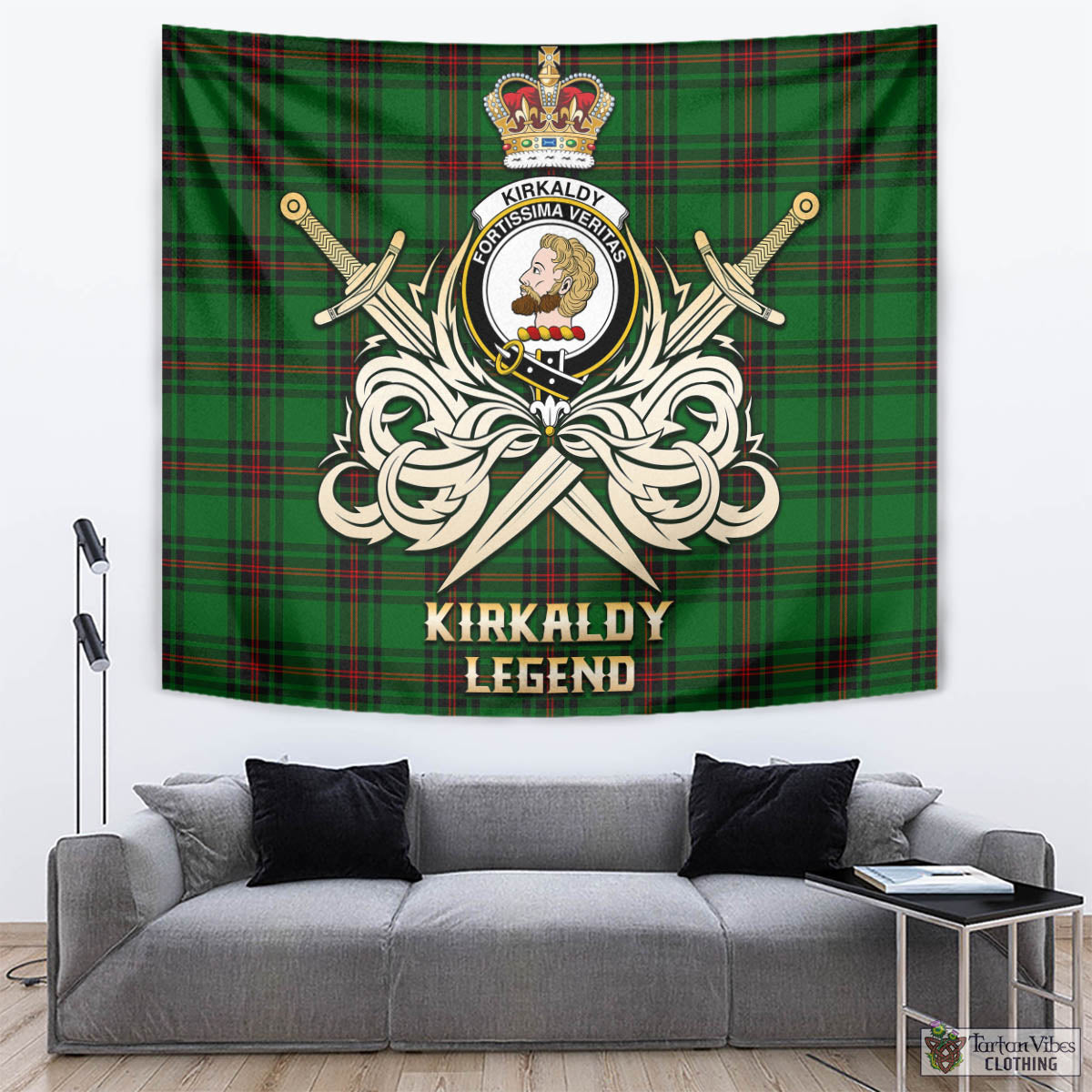 Tartan Vibes Clothing Kirkaldy Tartan Tapestry with Clan Crest and the Golden Sword of Courageous Legacy