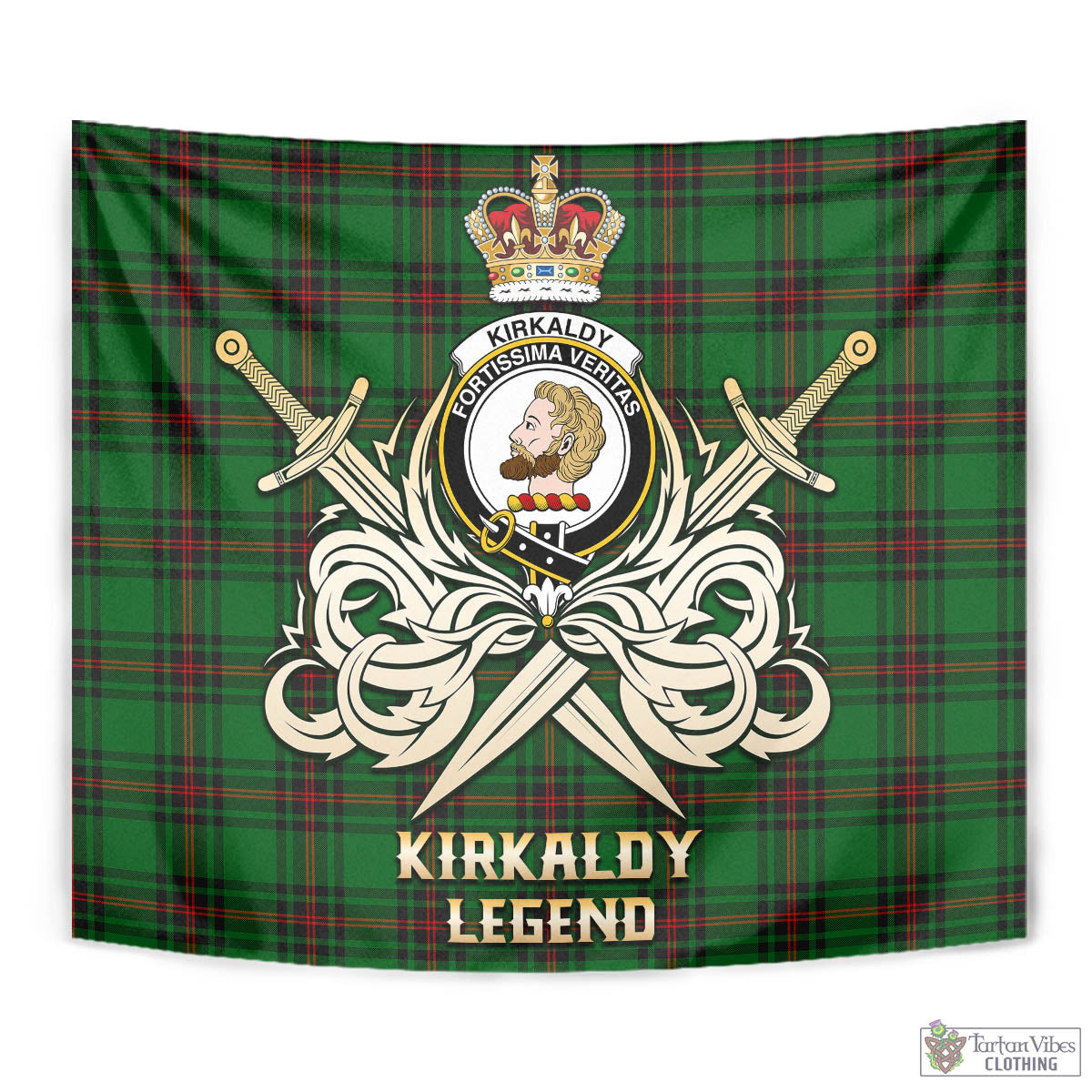 Tartan Vibes Clothing Kirkaldy Tartan Tapestry with Clan Crest and the Golden Sword of Courageous Legacy