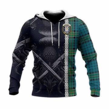 Kirkpatrick Tartan Knitted Hoodie with Family Crest Cross Sword Thistle Celtic Vibes