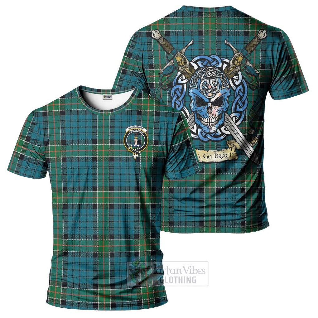 Tartan Vibes Clothing Kirkpatrick Tartan T-Shirt with Family Crest Celtic Skull Style